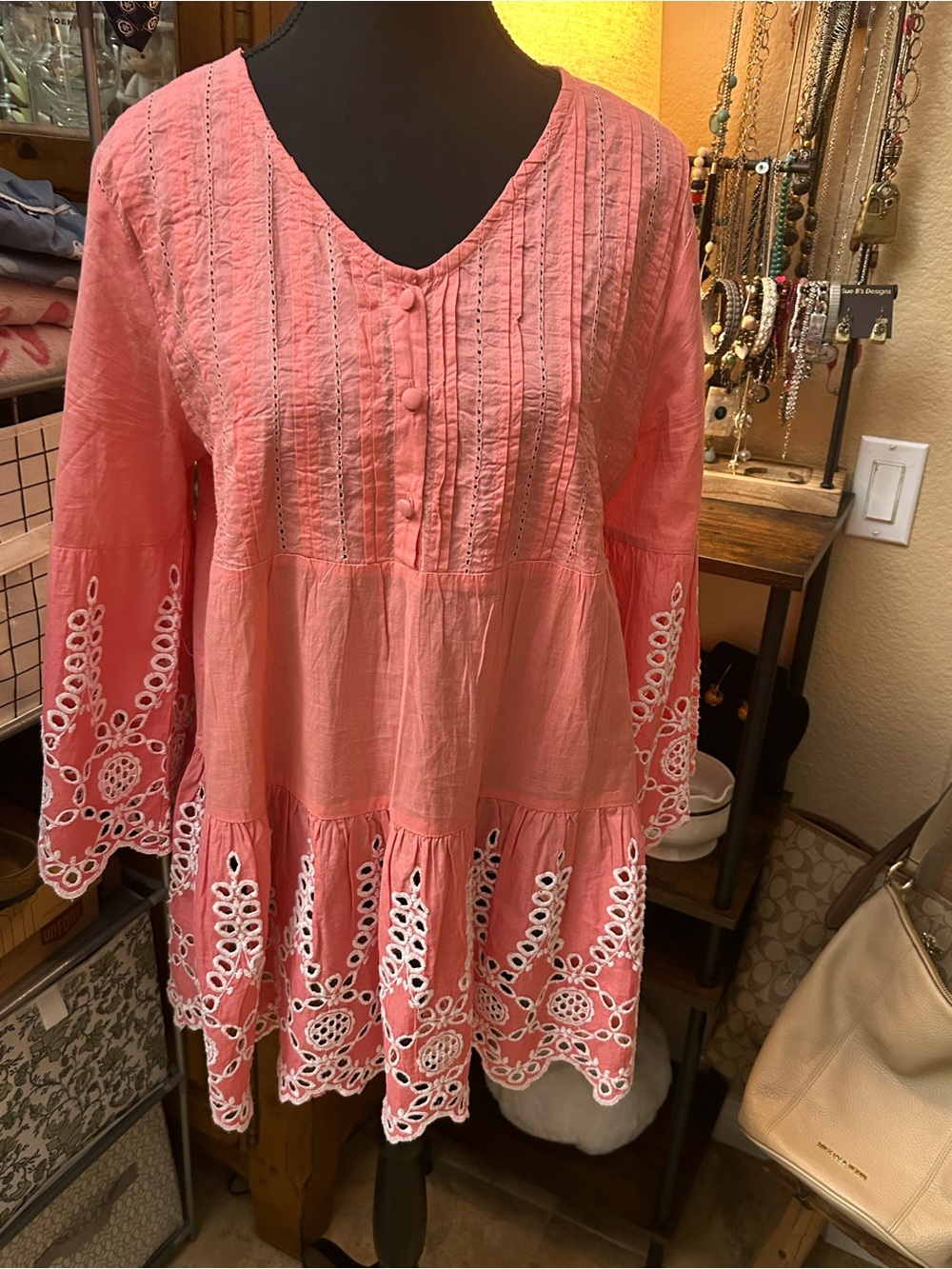 Boho Pink Eyelet Tiered Tunic with Pintuck Front